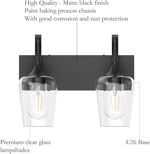 Miniatura 4 de Ralbay Lámpara de tocador negra con 2 luces industriales para baño, sobre espejo con vidrio transparente, aplique de iluminación negro para montaje