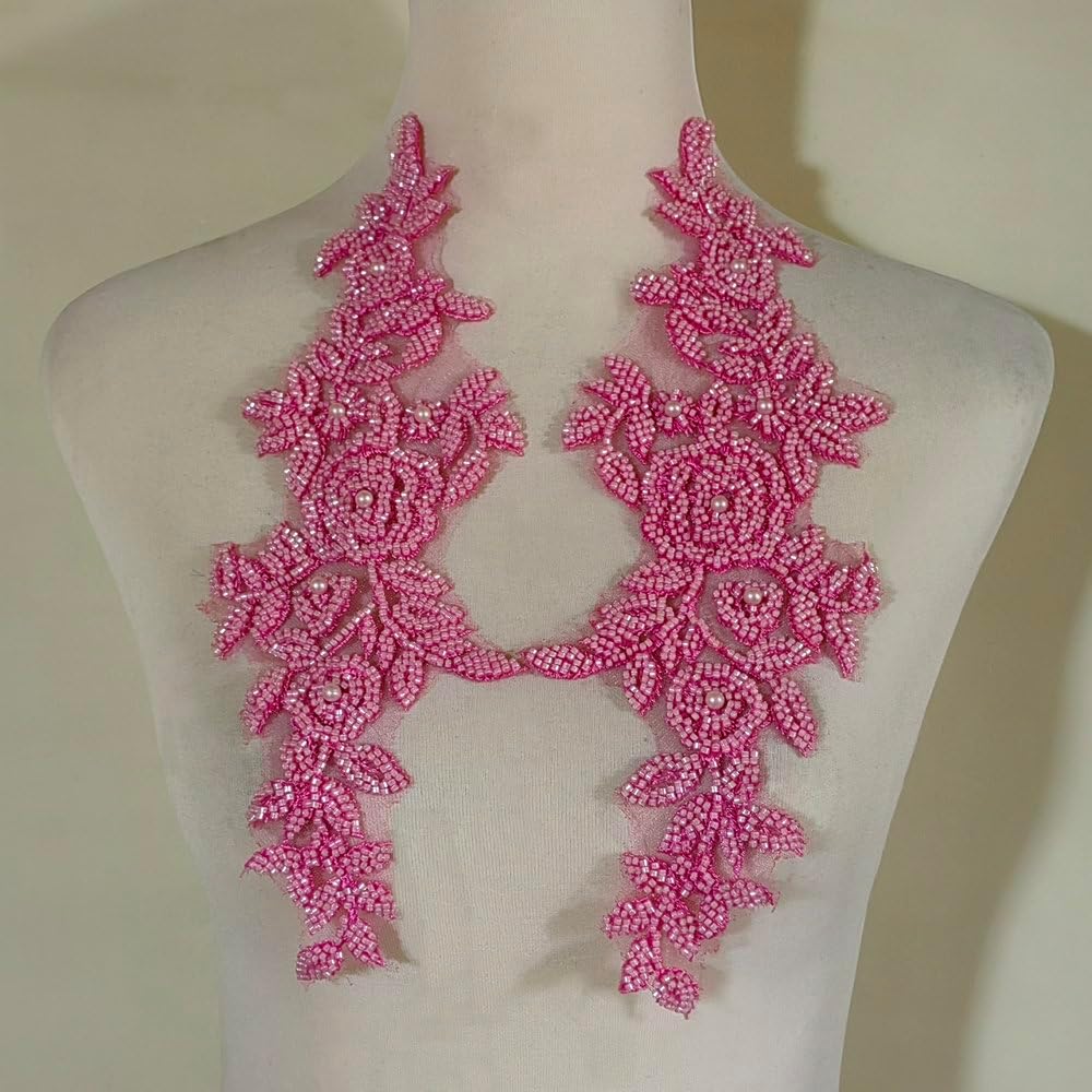 Three-Dimensional Bead lace Decal Fabric Decal, DIY for WeddingDresses/Gowns/Headdresses (Pink)