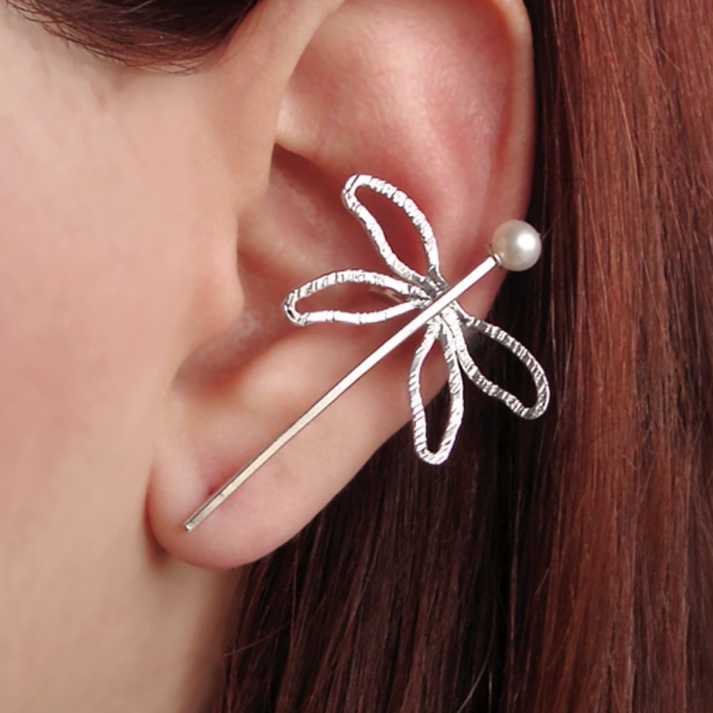 Handmade geschenk für sie Libelle Ohr Manschette aus sterling silber mit perle, Hochzeitsohrring,Libelle Schmuck, Hochzeit Ohr Kletterer Ohrring, Elfenohrring, earcuff, ear cuff