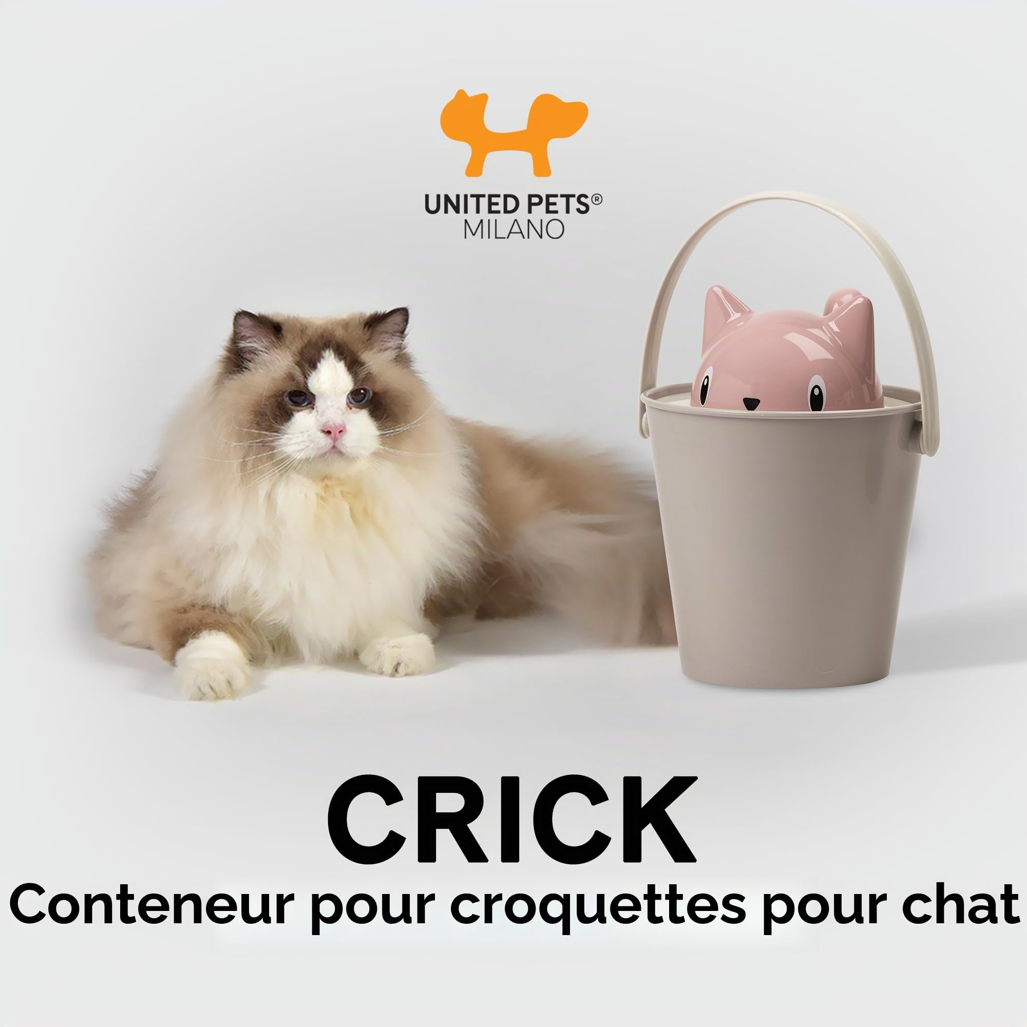 United Pets Crick - Seau à Croquettes pour Les Chats, fabriquè en Italie, cuillère-Mesure Incluse. Couleur: Rose/Gris. Designer: Giovannoni