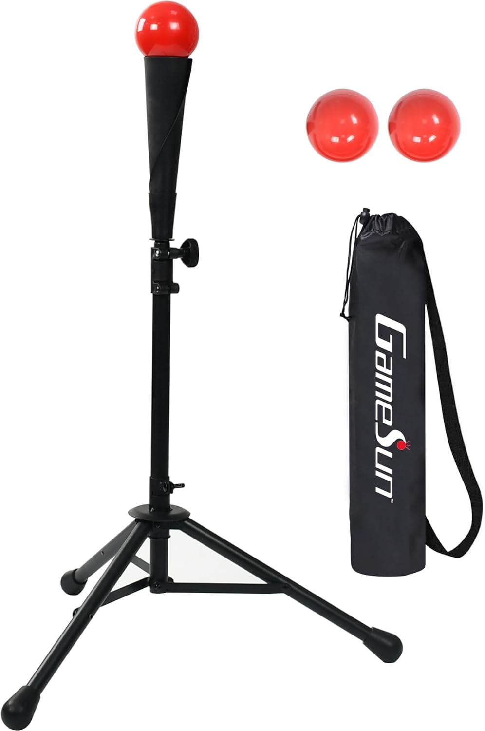 GAMESUN Portable Baseball Batting tee, Adjustable Tripod Tee, Set Includes 1set Batting tee, 3pcs Practice Balls, 1pc Draw-String Carry Bag