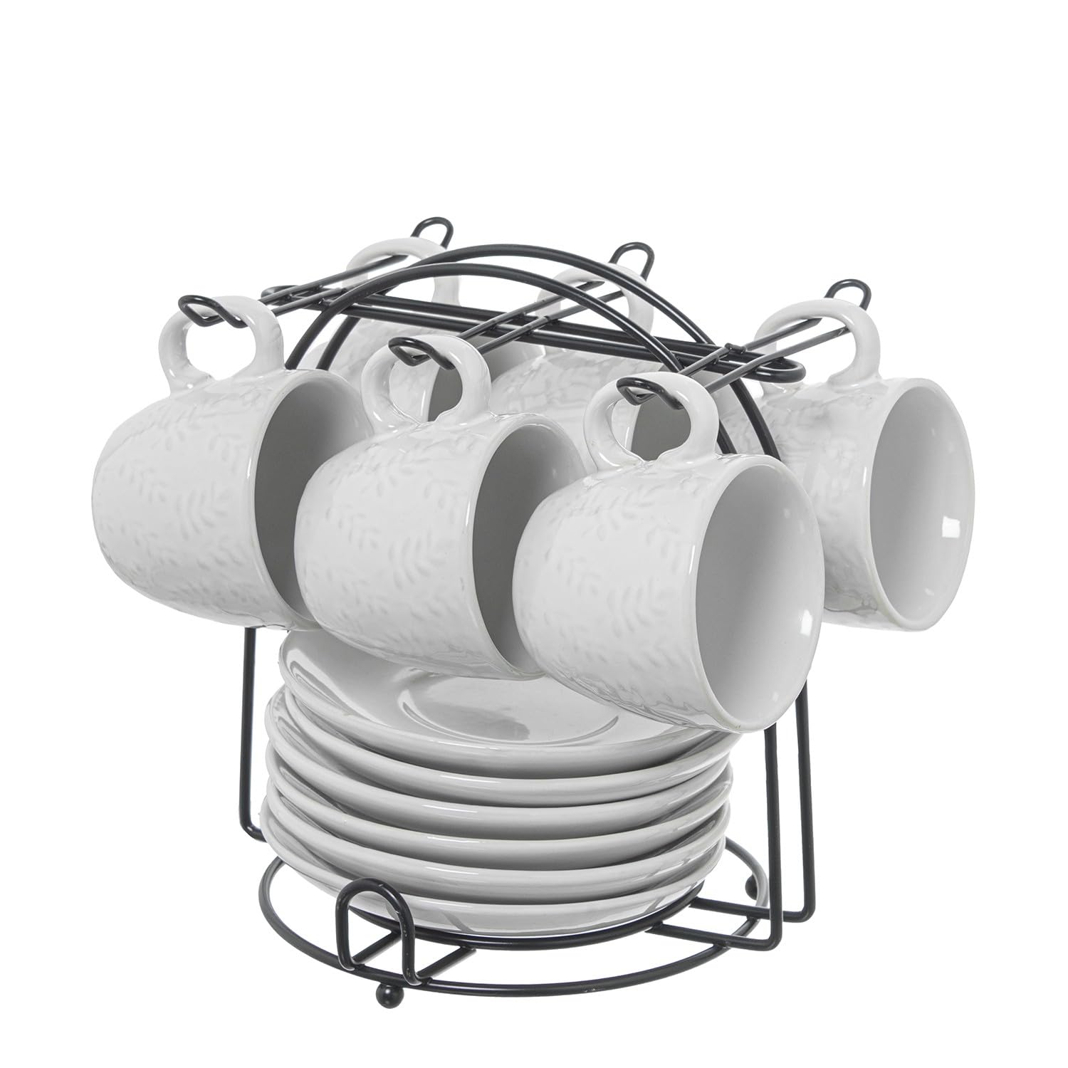 Set de 6 Tazas de Porcelana Blanca con Soporte de Metal Negro 6.5x5.5x6.5 cm