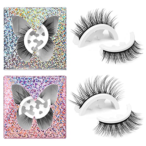 False Lashes Self-Adhesive No Glue Needed, Fake Eyelashes 3D Natural Wispy Press on Eyelash Individual 2 Pairs Pack by Goddvenus