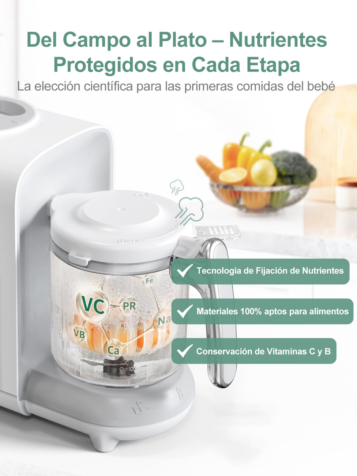 Robot Cocina Bebe 6 en 1, Multifunción Procesador de Alimentos Bebe, Limpieza Automática, Esterilizado, Recalentar, Descongela, Comida variada para tu bebé