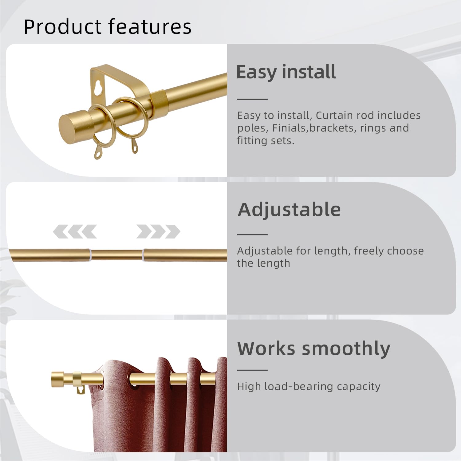Tringle à rideaux extensible de 120 cm à 210 cm avec embouts dorés, 121,9 cm à 213,4 cm - Tringle à rideaux réglable avec tringles, embouts, supports et kits de quincaillerie