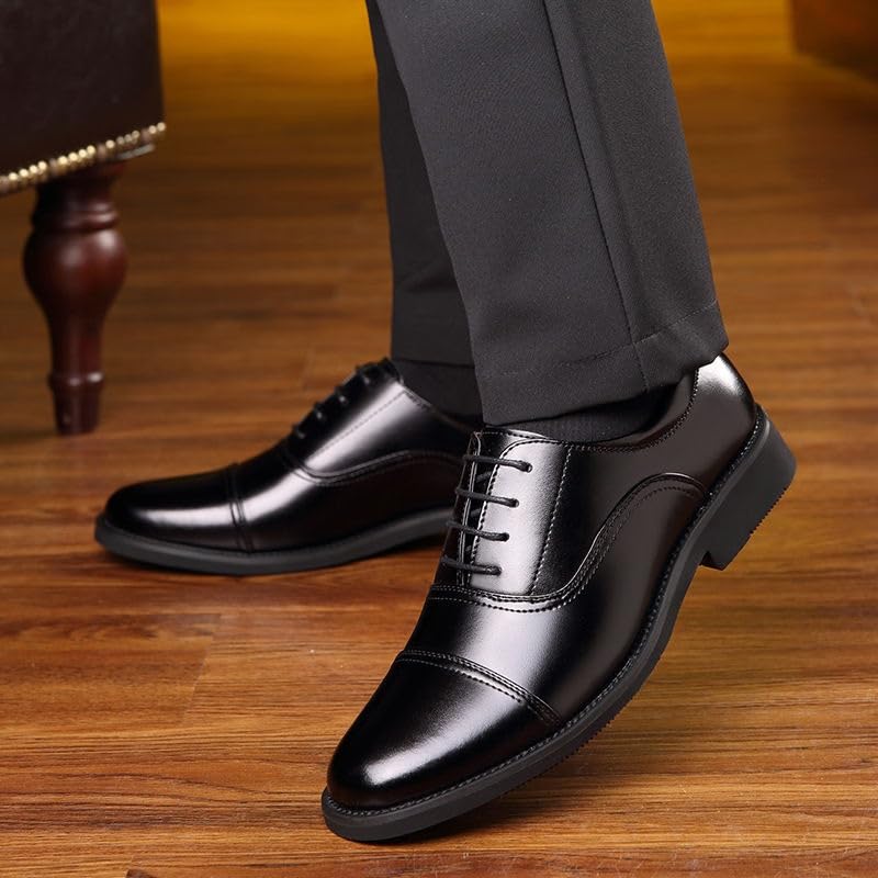 Men's Black Leather Oxford Shoes, Lace-Up Pointed Toe Dress Shoes, Casual Formal Footwear for Men, Fashion All-Match Loafers Shoes2