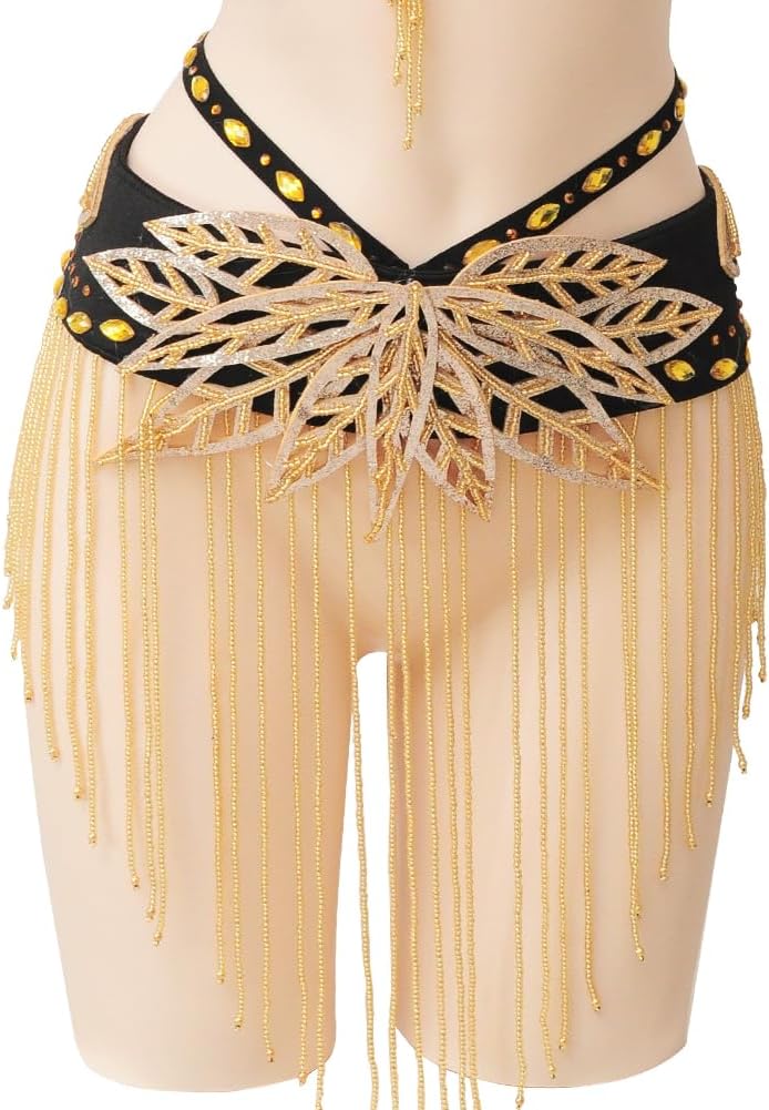 ROYAL SMEELA Handmade Beaded Bellydance Bra and Belt Set - Gold Fringe & Crystal Embellished for Performance & Events