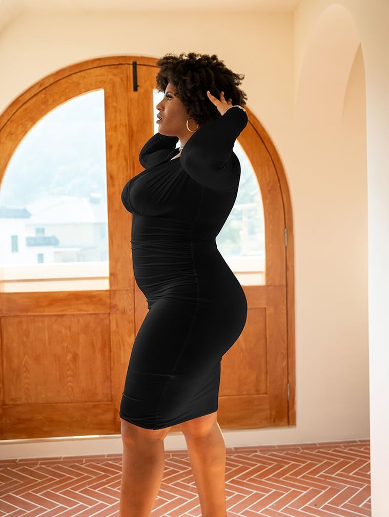 BEAGIMEG Women's Sexy Bodycon Long Sleeve Ruched Deep V Neck Solid Party Club Midi Dress - Image 6