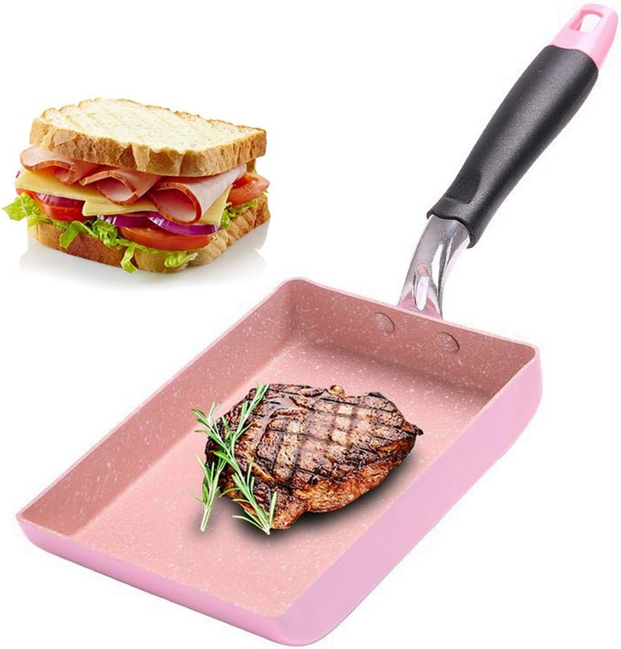 MonLiya 7 x 5.1- inch Frying Pan Non-stick Smokeless Pot Pizza Square Pan Cookware Kitchen Gadget BBQ Egg Cooker Beef Fryer Camping Barbecue Cooking Tools Pancake Frying Baking Pan Pink