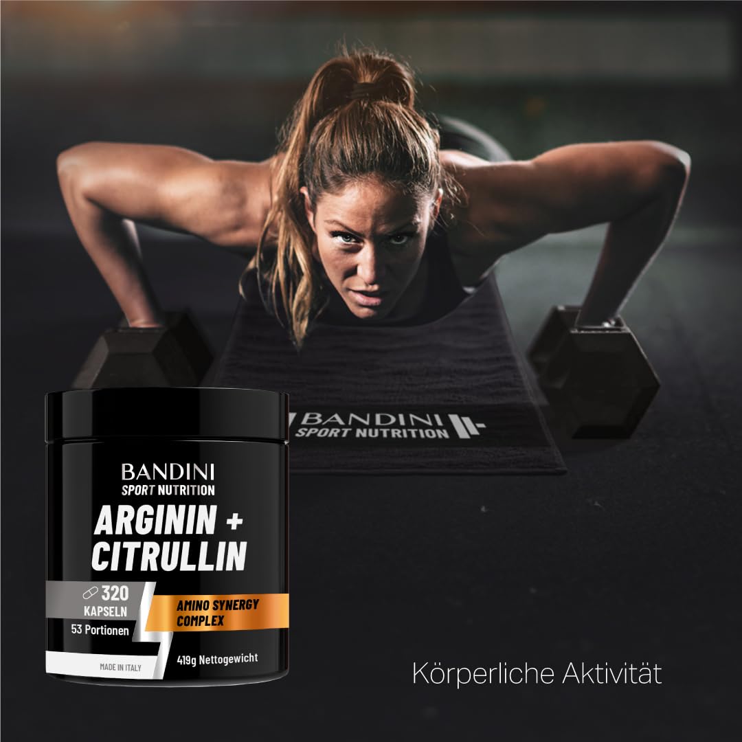 Bandini® L-Arginin + L-Citrullin 320 Kapseln (1100 mg pro Kapsel), Hochdosiert, Arginin + Citrullin Malat für Preworkout, Supplement für Fitnessstudio, Halb-Essentielle Aminosäuren, 50+ Tage Vorrat