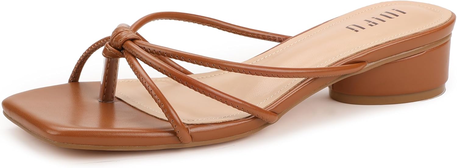IDIFU IN1 Strappy Heels for Women Flip Flop Square Open Toe Low Thong Slide Heeled Sandals Wedding Bride Prom Bridesmaid Dress Shoes Comfortable Cute Fashion Casual Slip On Heels