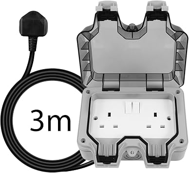Shine Planet Weatherproof Double Outdoor Socket - IP66 Waterproof Outside Garden Extension Lead Box - Switched Wall Electrical Outlet 13Amp 2 Gang Power Socket 3-20M 3M