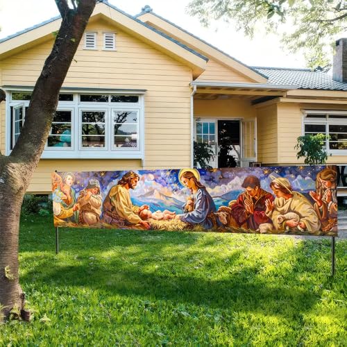 Image of Peaceful Winter Village Banner 78.7 x 17.7 Inch Family Scene in Snowy Landscape Cozy Cabin Design for Holiday Home Garden Fence or Indoor Wall Display Seasonal Decoration