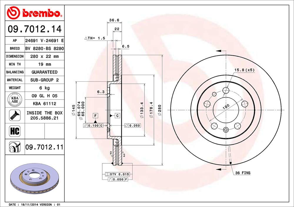 Brembo 09.7012.11 - Disco Freno con Verniciatura UV (Set di 2) - Anteriore