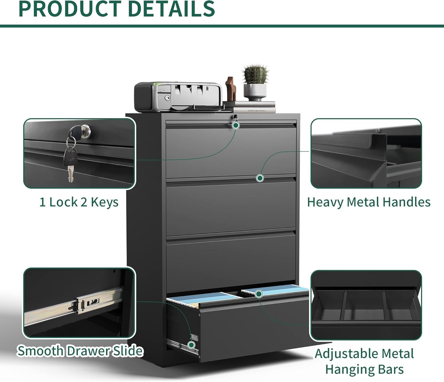 4 Drawer Lateral File Cabinet, Metal File Cabinets for Home Office with Lock, Large Filing Storage Cabinet Printer Stand, Steel Wide File Cabinet for Legal/A4/F4/Letter,Require Assembly, Black