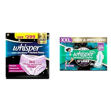 Whisper Super Absorbent Period Panty, 6 M-L Pants, 360 Degree Leakage Protection* for Heavy Flow, | Whisper Bindazzz Nights 30 XXL Sanitary Pads, Upto 0% Leaks All Night Long, For Heavy Flow, Nearly