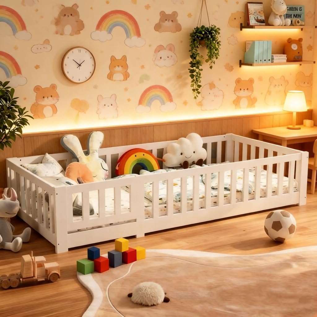 BestAlice Cama infantil Montessori de 90 x 190 cm, con protección anticaída y somier, cama juvenil, cama individual, para niñas y niños, madera maciza de pino incluida, color blanco