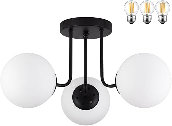 KoKo&Yukina 3-Light Semi Flush Mount Ceiling Light Globe Lights Mid Century Ceiling Light with Opal Milk Glass Globe & Matte Black for Bedroom Hallway Entryway Kitchen Living Room Bulb Incl.