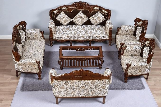 Image of Wooden 10 Seater Sofa Set 3+3+2+1+1 Solid Wood Hand-Carved White Brown Traditional Design Furniture for Living Room Home Office Seating
