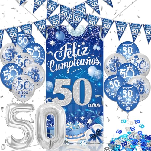 DPKOW Español Azul Plata 50 Cumpleaños Decoraciones para Hombre, Feliz Cumpleaños 50 Años Pancarta Triángulo Banderines Feliz Cumpleaños 50 Años Globos Confeti para Hombre 50 Cumpleaños Artículos