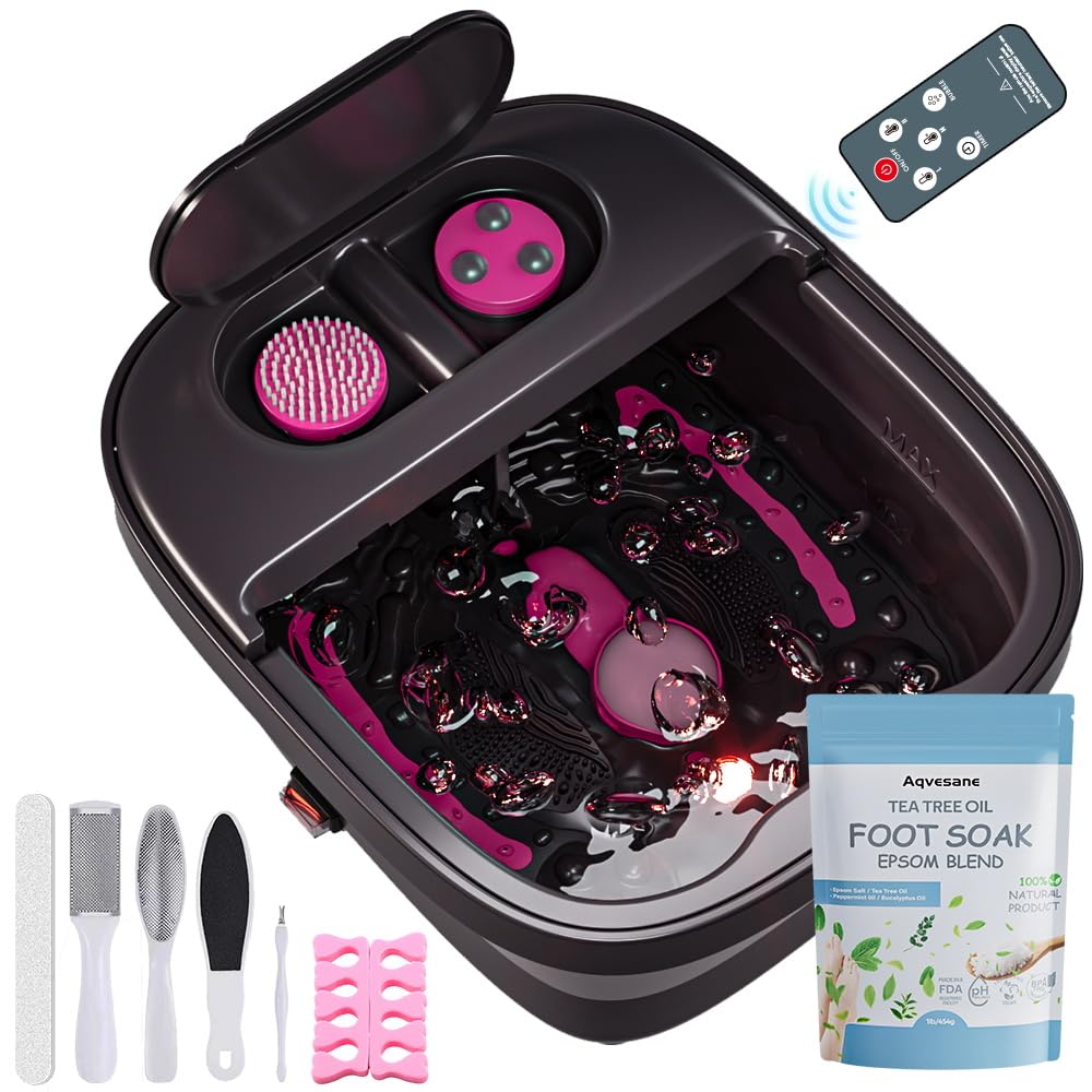 Masajeador de baño plegable para pies con calor, control remoto, control de temperatura, temporizador, bañera de remojo de pies con kit de pedicura, spa de pies de pedicura con aceite de
