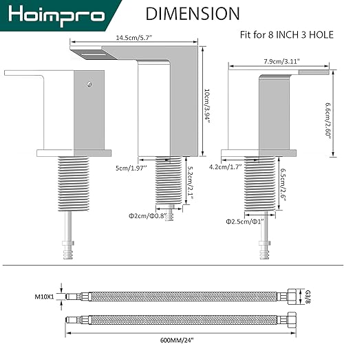 Miniatura 4 de Hoimpro Grifo de baño de 3 agujeros de 8 pulgadas, cascada de dos manijas con drenaje desplegable, grifo de fregadero de baño con mangueras de