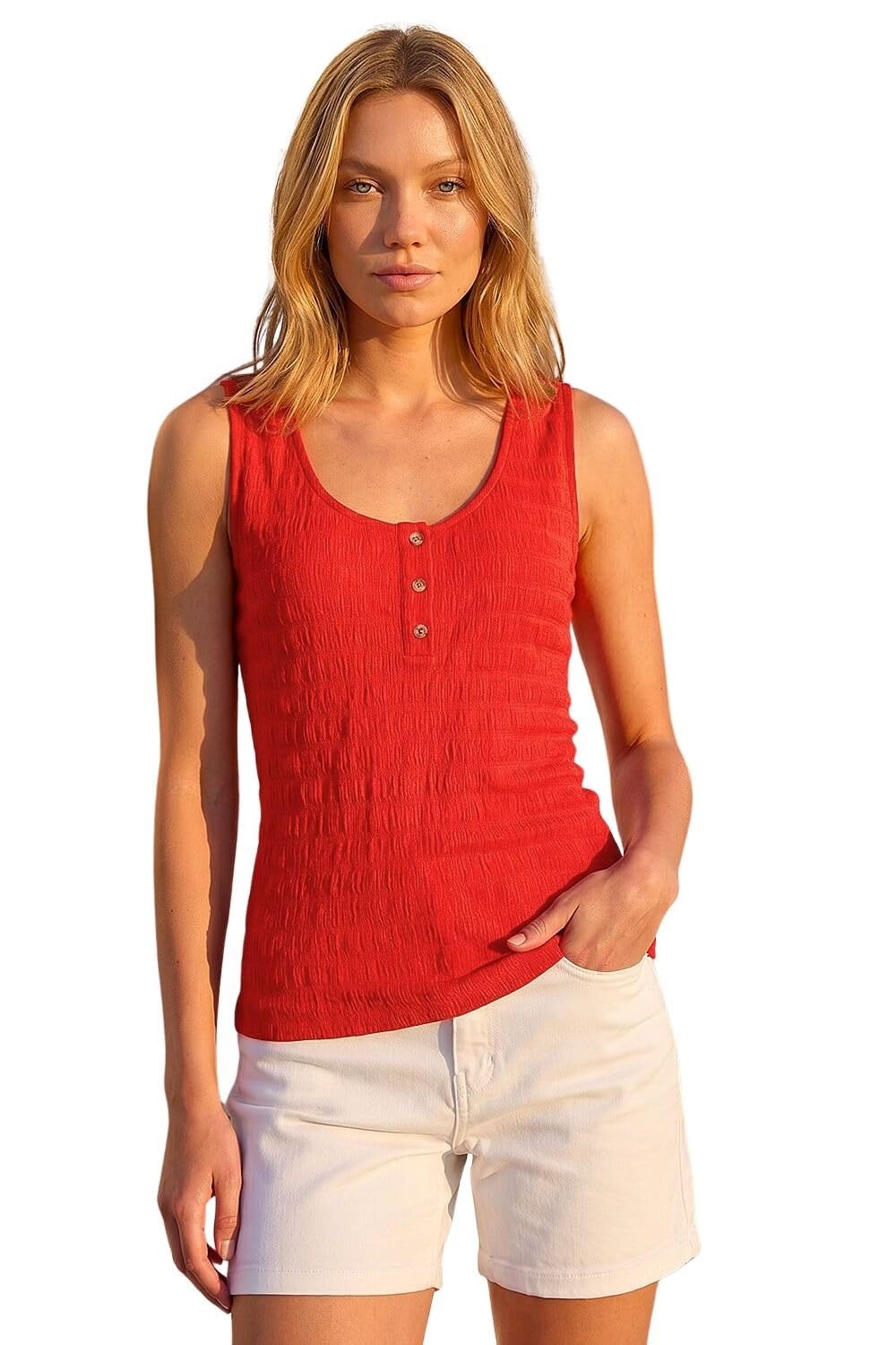 Roman Women's Red Buttoned Stretch Vest Top In | Size: 20