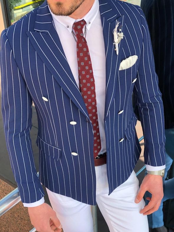 Mens Double Breasted Pinstripe Jacket Casual Classic Fit Stripe Coat Jackets Slim Fit Blazer for Men Business Wedding 5