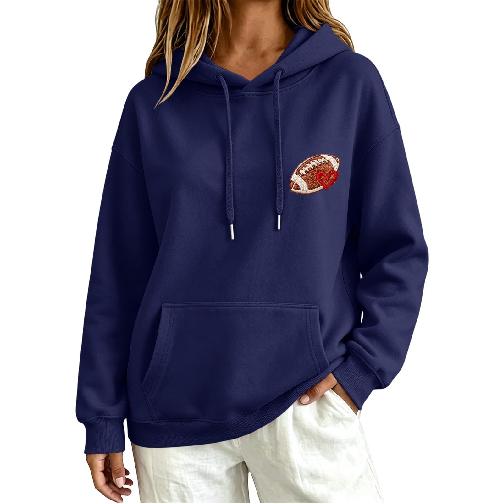 Generisch Pull à capuche à motif losanges pour femme avec broderie - Sweat à capuche décontracté à manches longues pour fans de football