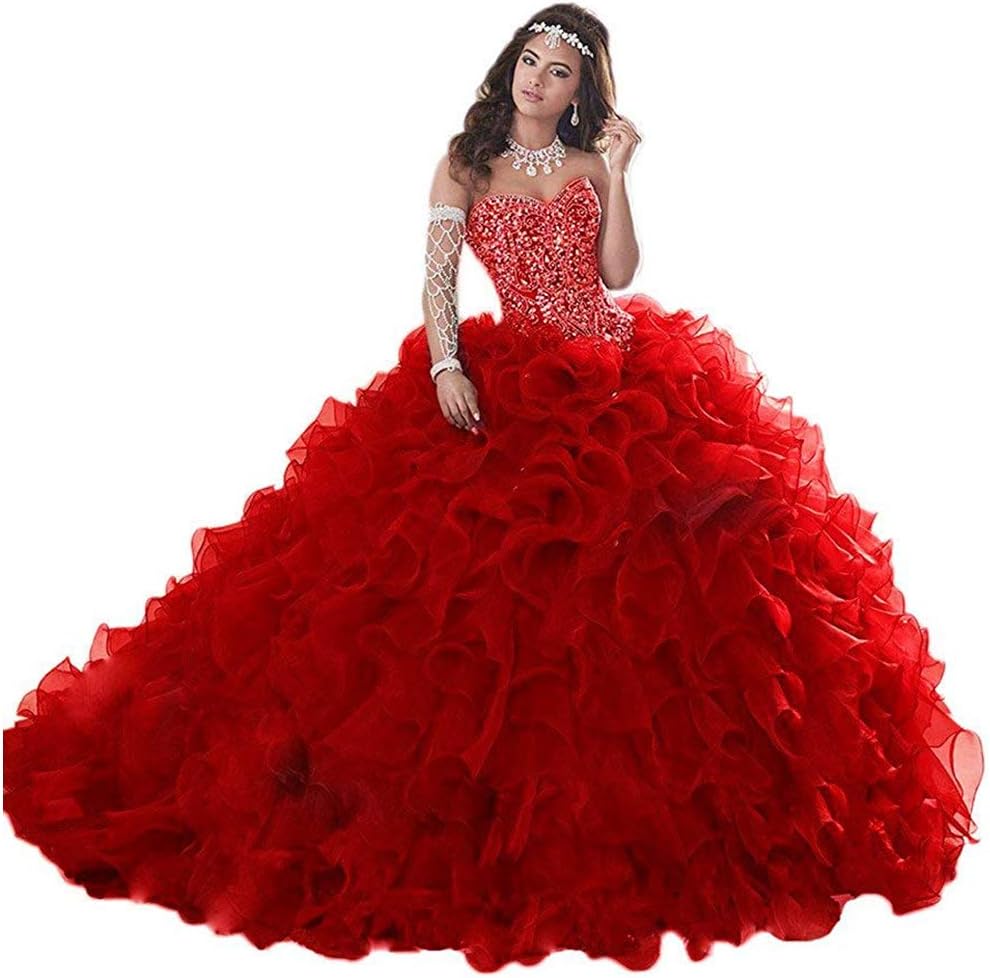 Women's Heavy Beaded Sweetheart Ball Gowns Dresses Organza Ruffles Quinceanera Dresses for Sweet 16