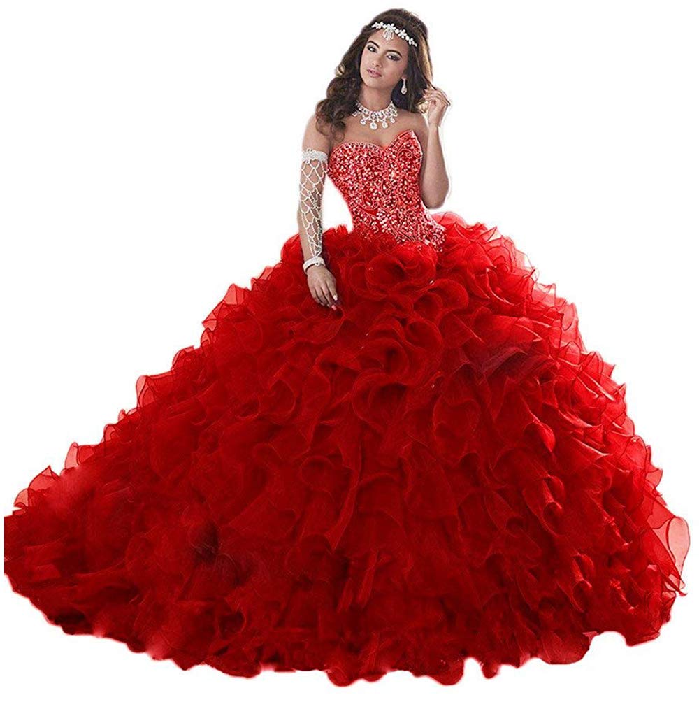 Women's Heavy Beaded Sweetheart Ball Gowns Dresses Organza Ruffles Quinceanera Dresses for Sweet 16