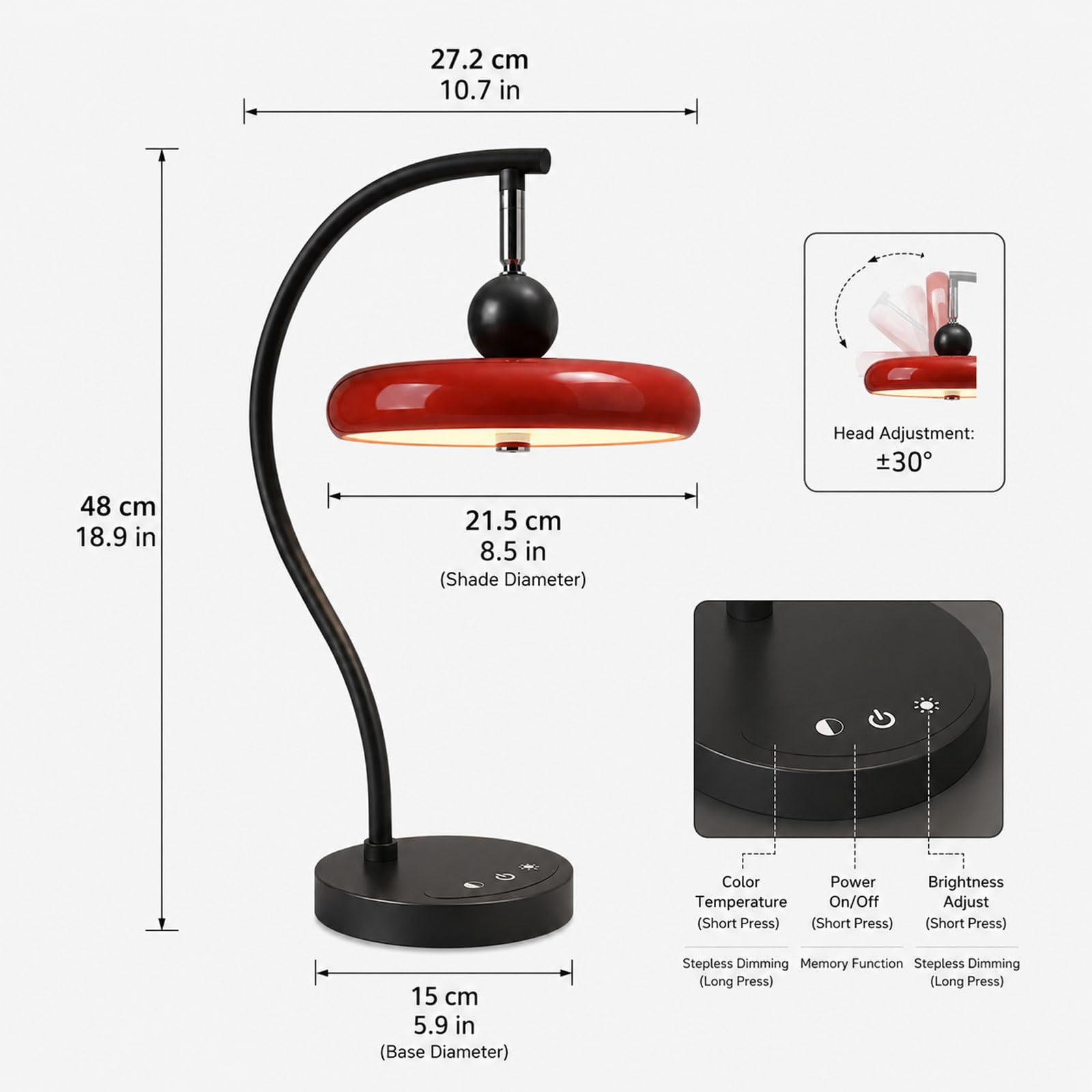 Lampa stołowa Red Disc, regulowana lampka na biurko do czytania 18W Lampka nocna LED