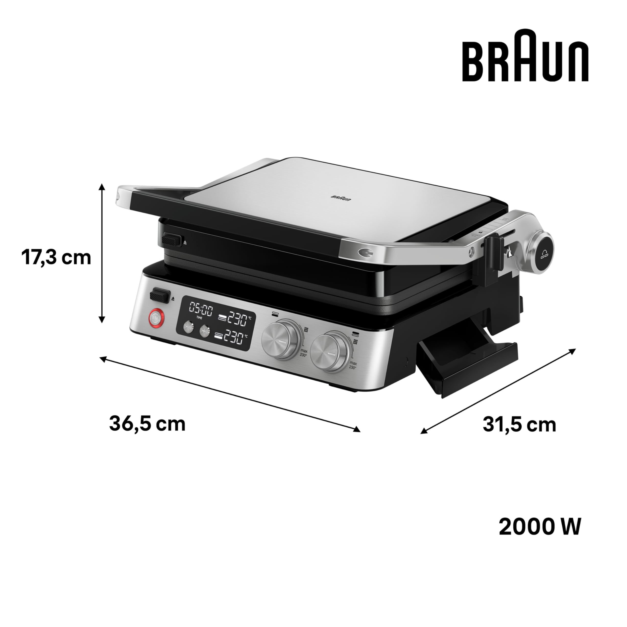 Braun MultiGrill 7 CG 7040, Plancha Cocina Eléctrica con Control Electrónico, 2 Termostatos Independientes, 3 Posiciones de Cocción, Placas Lavables en Lavavajillas, 2000 W, Negro/Acero Inoxidable