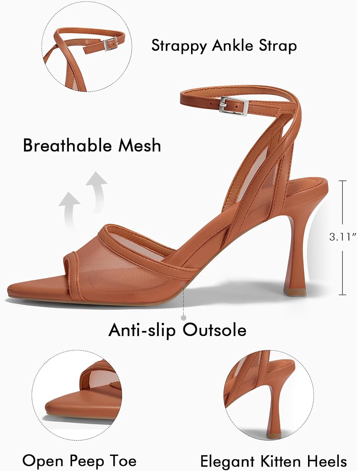 Coutgo Womens Kitten Heels Sandals Pointed Open Toe Ankle Buckle Strap Summer Dress Shoes - Image 4