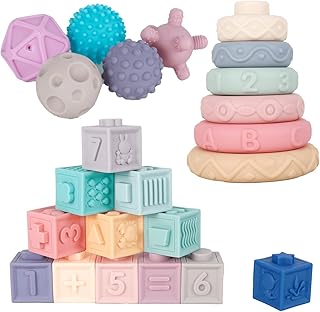23 Pcs Montessori Toys Set with Storage Bag Colorful Soft Stacking Blocks, Early Educational Baby Blocks Toys, Animal Number Sensory Baby Toys, Float Infant Bath Toy, Teething Toys for Infant Baby
