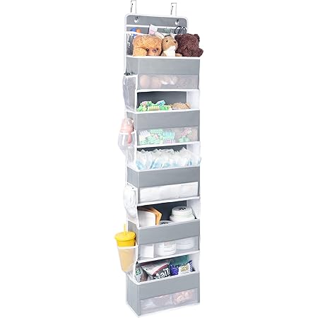 Univivi Over Door Hanging Organizer Storage with 5 Large Pockets and 2 Small PVC Pockets for Cosmetics Wall Hanging Storage Organizer for Pantry Baby Nursery Bathroom Closet Dorm(Grey)