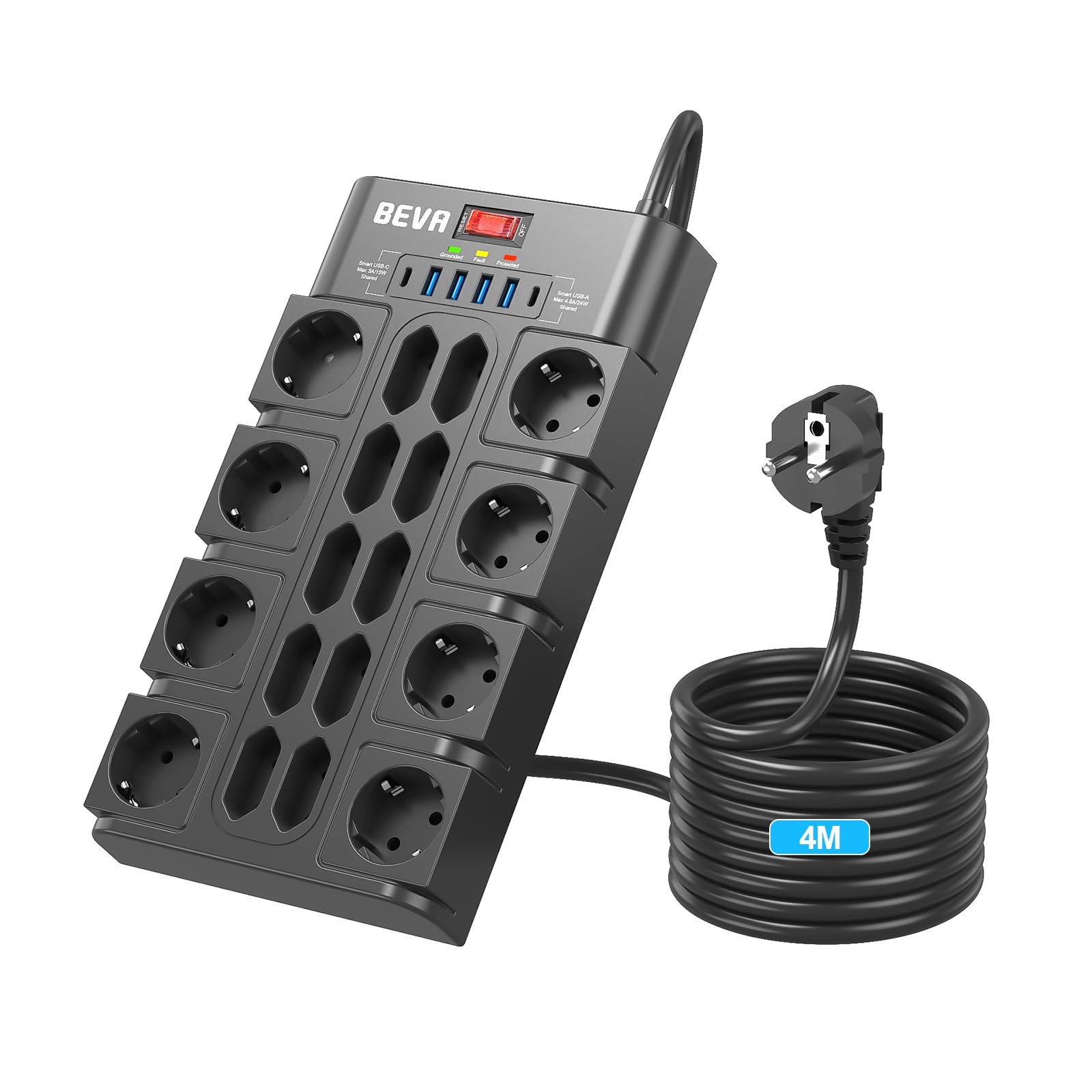 18 Fach Mehrfachsteckdose mit USB C +4m Kabel, BEVA 3680W/16A Steckdosenleiste mit 2 USB-C（15W）+ 4 USB-A, Mehrfachstecker mit 2100J Überspannungsschutz +Schalter, Steckdose für Büro, zu Hause