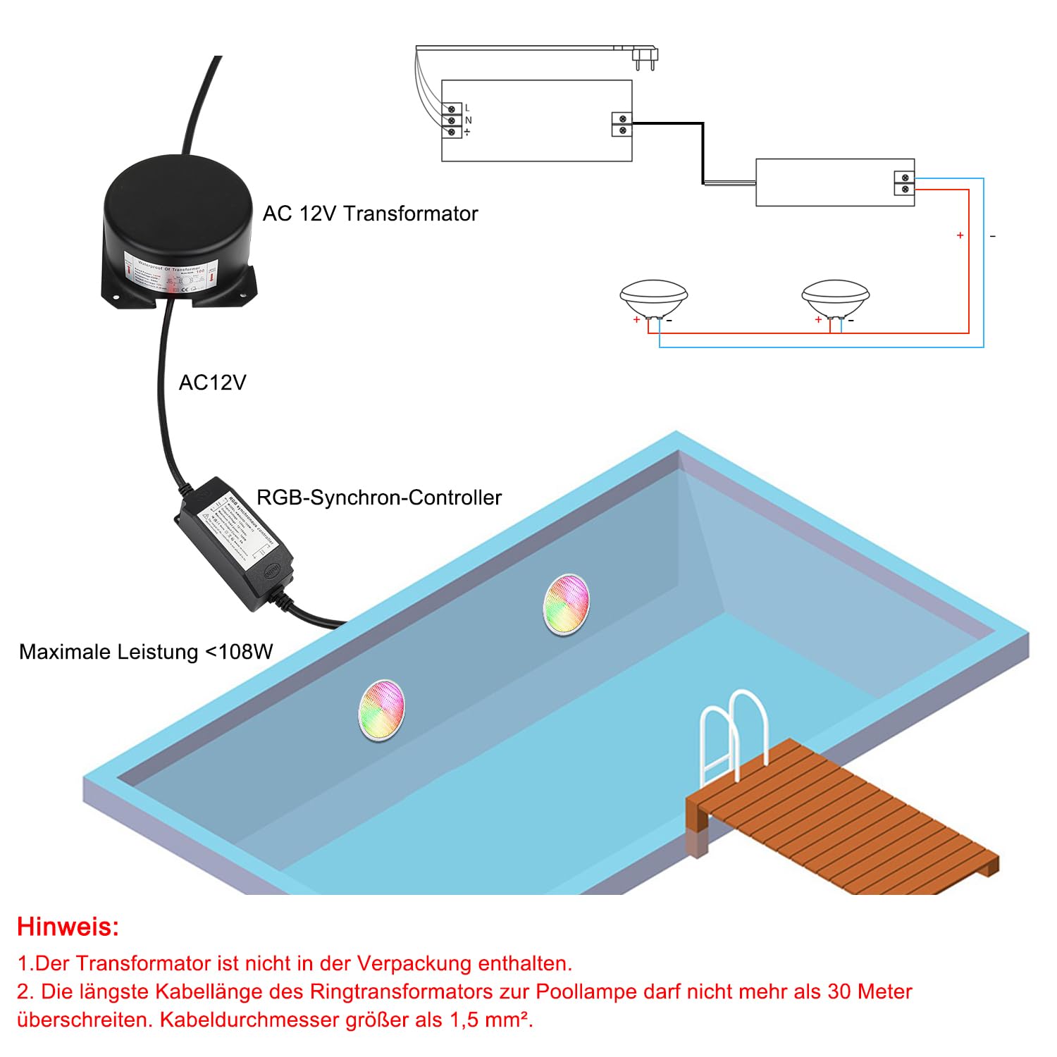 54W LED Poolbeleuchtung PAR56，Timing 2/4/6H IP68 Wasserdichter Pool Lamp, 12V RGB Poolscheinwerfer Externe Synchronisation mit Fernbedienung（2-teilig）