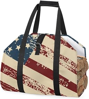 Vintage Flag Firewood Carrying Bag Firewood Log Tote Indoor Carrying America Flag Bag Firewood Storage Bag Fire Log Rack Outdoor Fire Firewood Carrying Bag with Handles