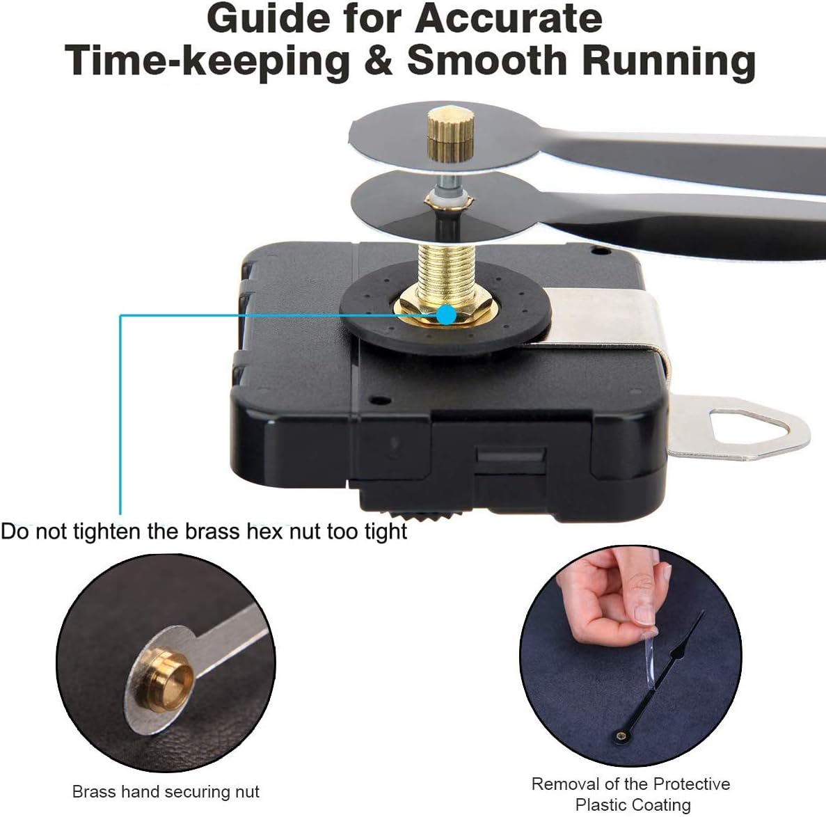 HILLHOME High Torque I Shaft Hands Quartz DIY Wall Clock Movement Mechanism with 9.1 Inch Long Spade Hand Battery Operated Repair Parts Replacement, 5/8 in Max Dial Thick, 1-1/10 in Total Length