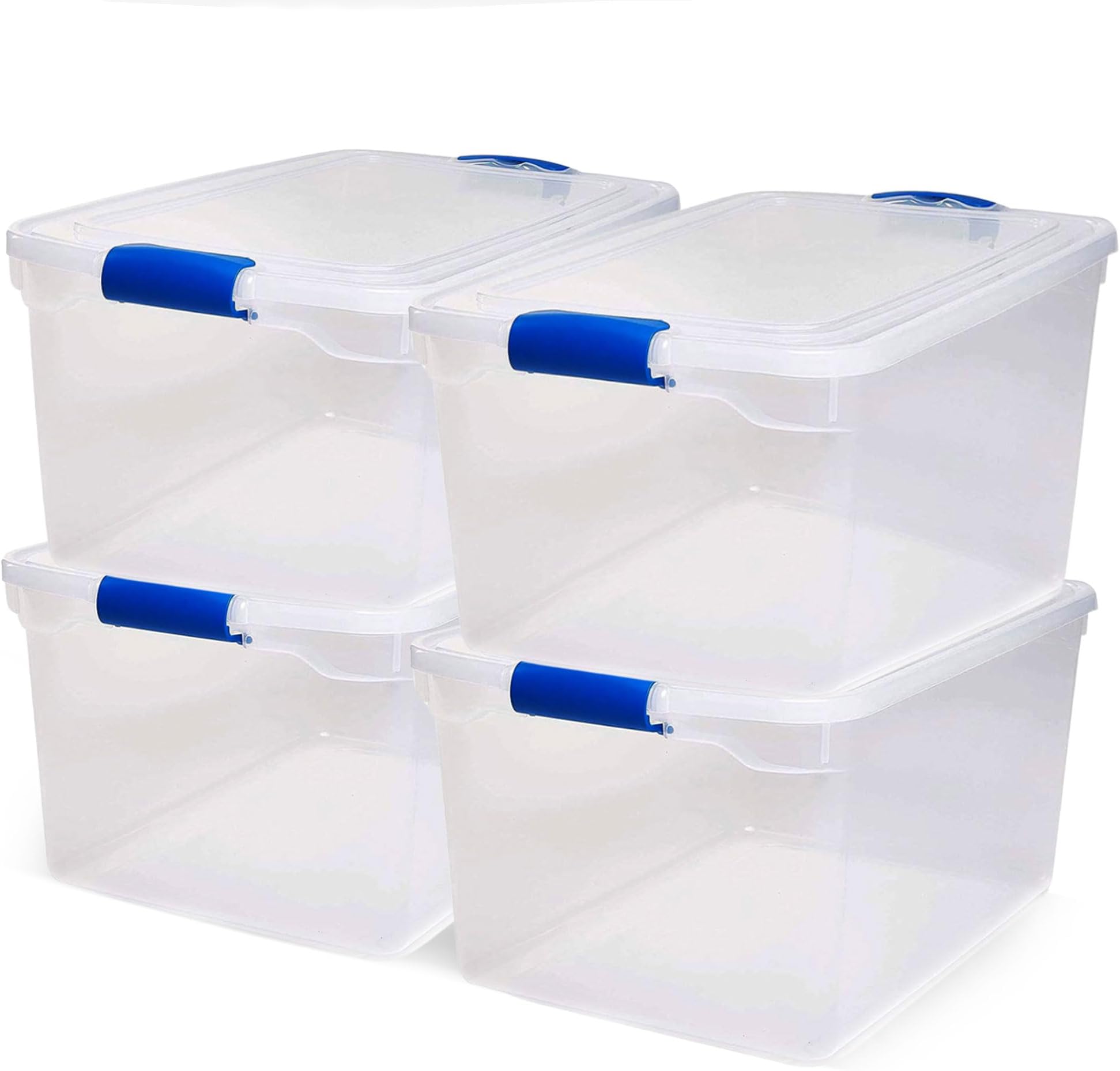 4-Pack Secure Latch, Clear Plastic Storage Organizer Bins, 66 Quart, Blue Latches - Stackable Organizing Containers for Home, Garage, and Office