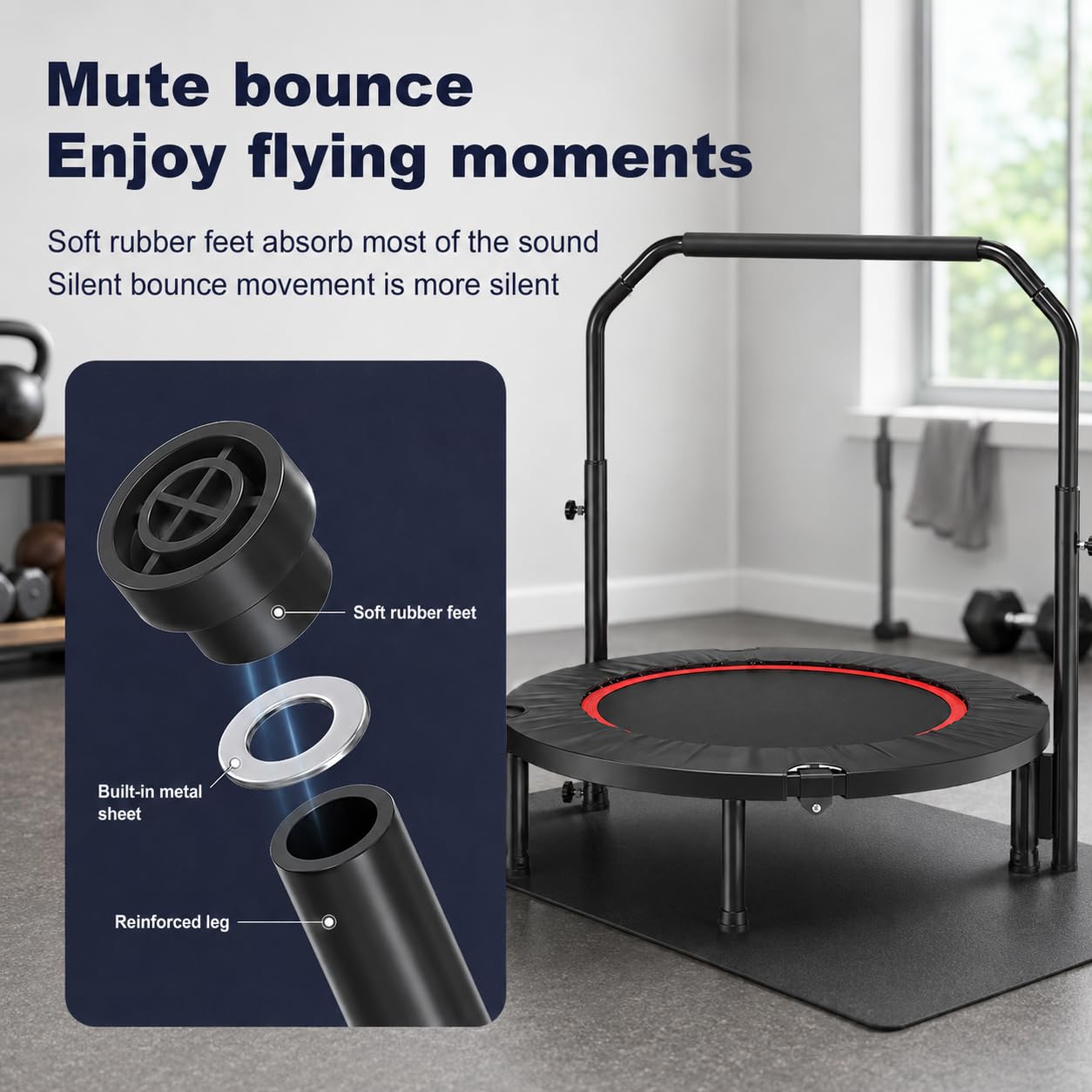 Trampolina fitness Rebounder z regulowanym uchwytem piankowym, przenośny sprzęt do ćwiczeń dla dorosłych, treningi wewnątrz i na zewnątrz, maksymalne obciążenie 150 kg