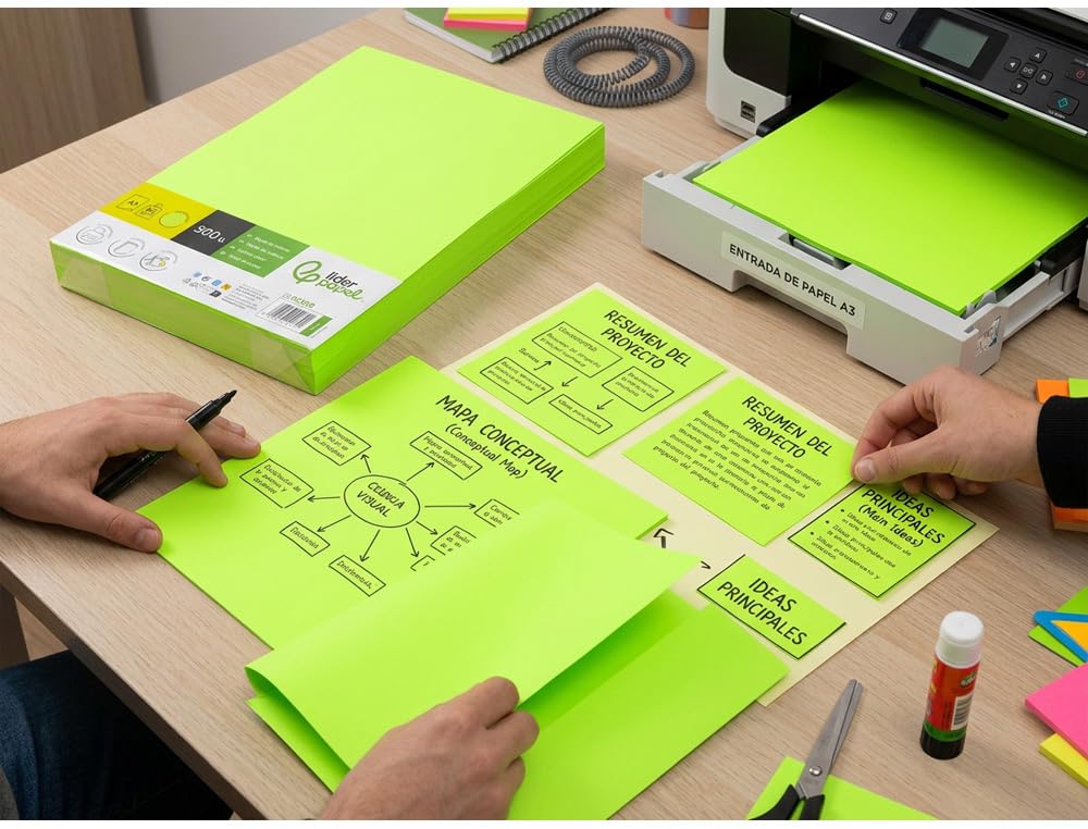 Lederpapel Farbpapier, DIN A4/A3, 80 g, Packung mit 500 Blatt (Neongrün, A3)