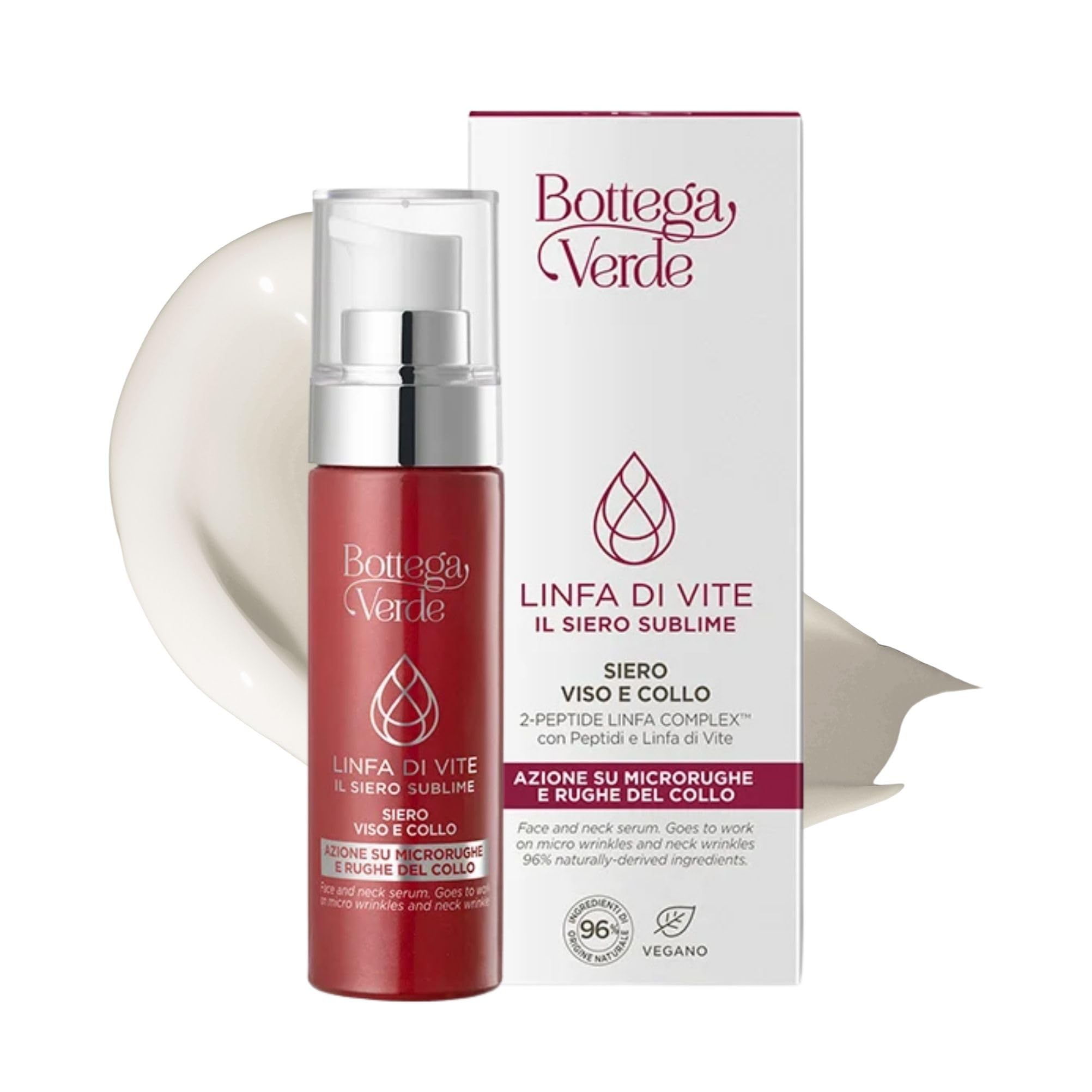 Bottega Verde - Siero Viso e Collo Linfa di Vite, 30 ml, Trattamento Intensivo Antirughe ed Effetto Filler, con Peptidi, Linfa di Vite, Ceramidi e Acido Ialuronico, Texture Leggera, per Pelli Mature