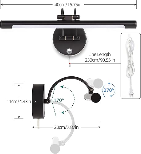 Miniatura 3 de MantoLite Lámpara de pared negra de 16 pulgadas para baño, 8 W, regulable, para gabinete, iluminación interior, aplique de pared ajustable, lámpara