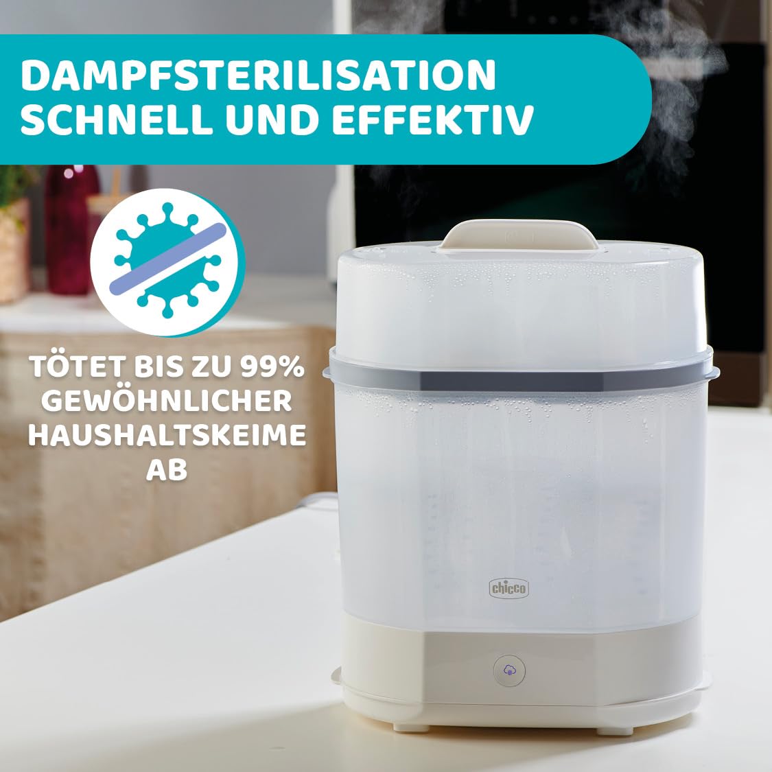 Chicco Modularer Dampfsterilisator 3 in 1, Babyflaschen-Sterilisator, Einstellbarer Dampfsterilisator für Babyflaschen, für Mikrowelle, mit 3 Konfigurationen, Schnelle und Einfache Anwendung