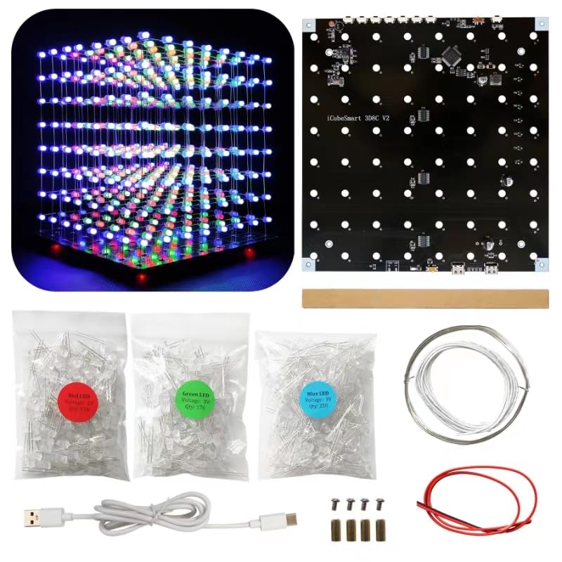 8x8x8 LED Cube Kit DIY Electronic Kit Soldering Project Kit, User Needs to Solder The LED, and The Displayed Content Can Be Modified [3D8C-MULTI]