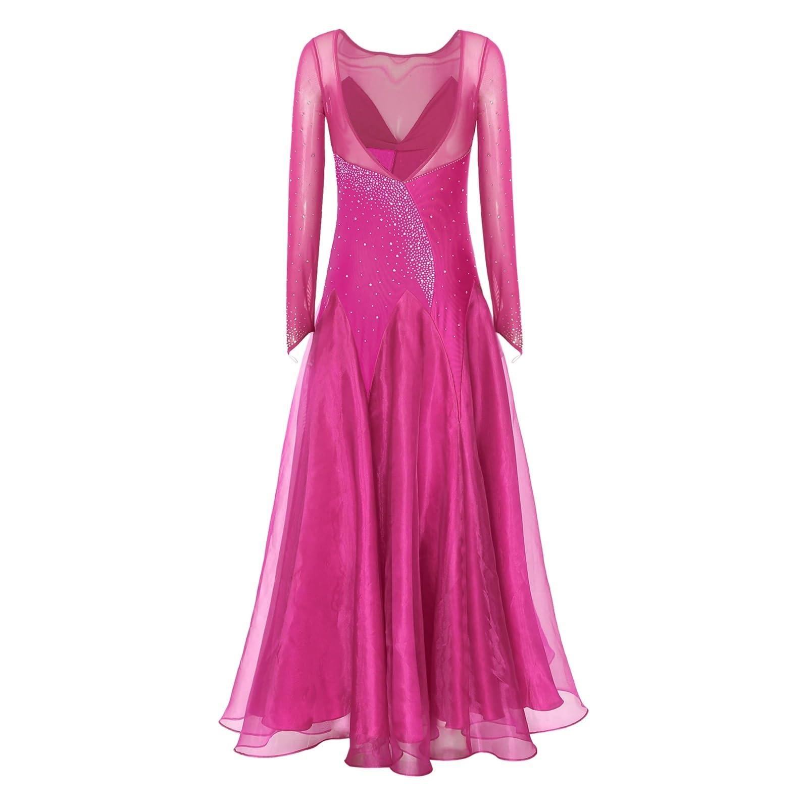 Tanzkleid Damen Damen Lyrisches Walzer-Tango-Tanzkleid, Transparentes Netz, Langärmliges Maxikleid Mit Glitzernden Strasssteinen for Bühnenauftritte