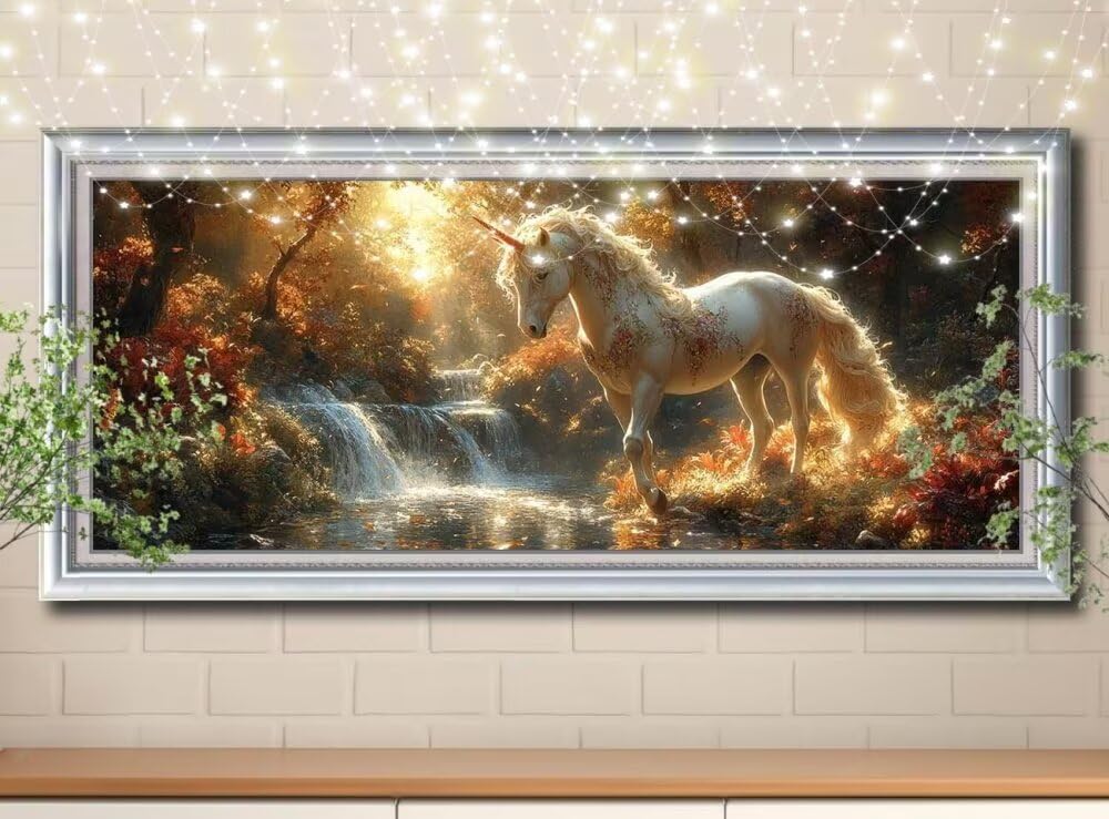 Malarstwo diamentowe 5D, dla dorosłych, biały jednorożec, wodospad, obraz "zrób to sam", obraz do malowania diamentami dla dzieci (80 x 200 cm), zestaw do haftu diamentowego, zestaw do malowania, do