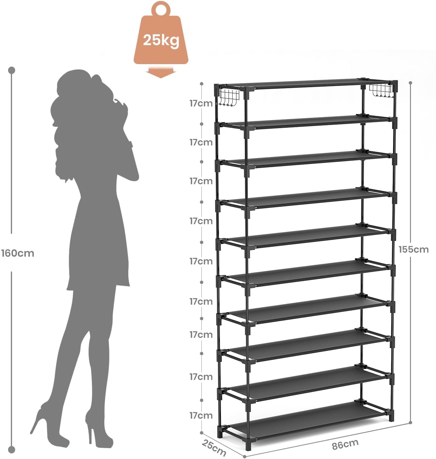 Vicye Étagère à Chaussures à 10 Niveaux, Rangement Chaussure Haut pour 50 Paires de Chaussures, Meuble Chaussure Métal Shoe Rack, Porte Chaussures pour Entrée, Chambre, Couloir, 86 x 25 x 155 cm, Noir